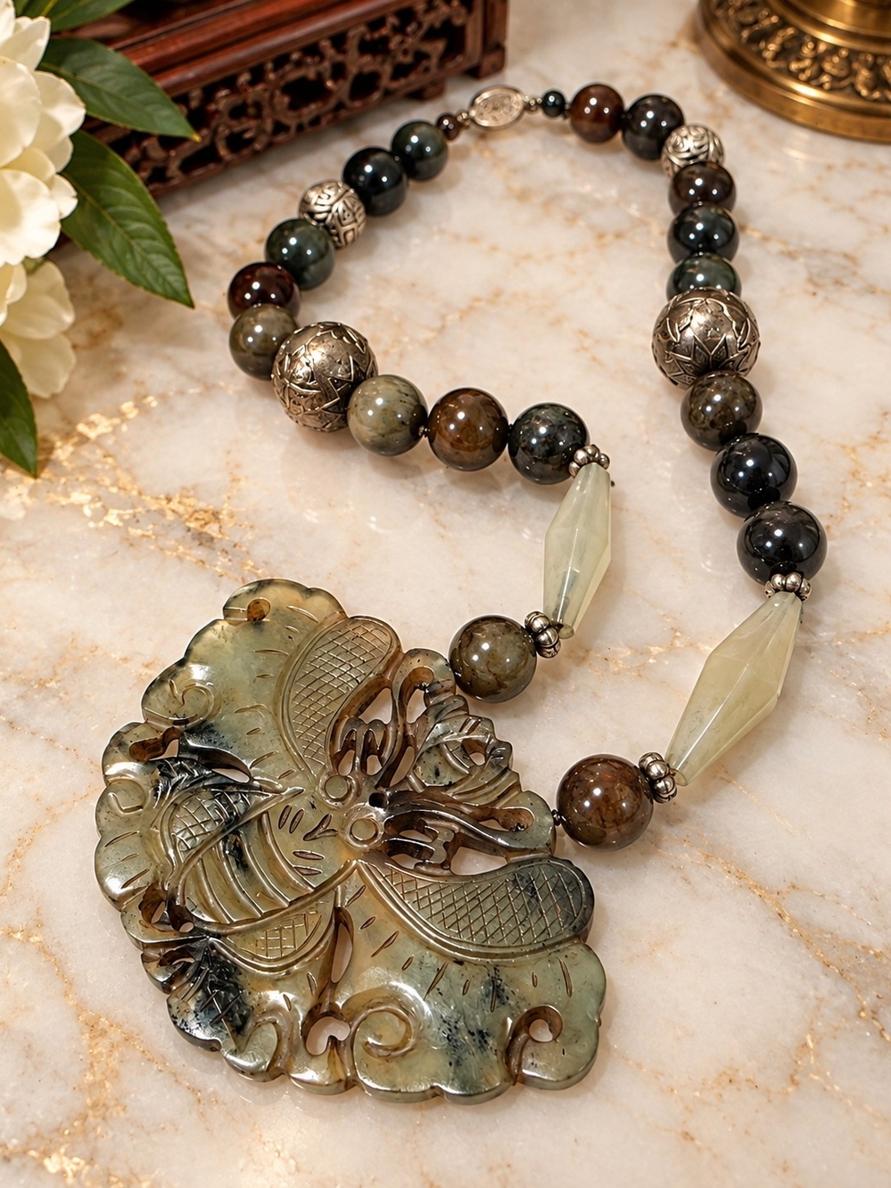 Hand-Carved Green Jade Pendant Necklace with Mixed Stone Beads 925 Silver